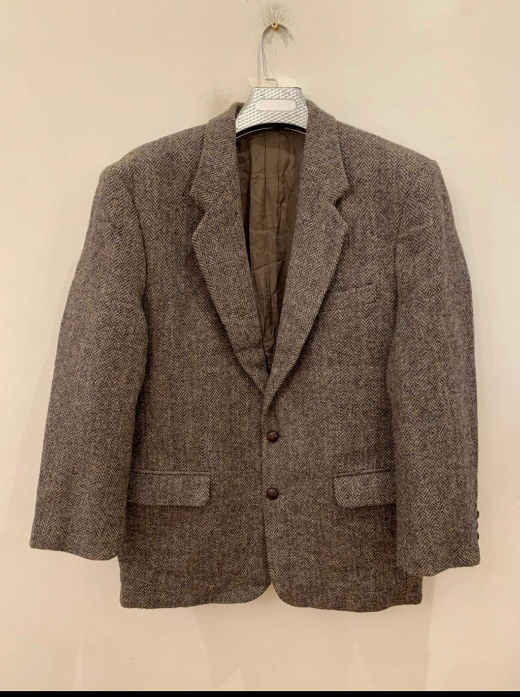 Vintage Harris Tweed Windowpane handwoven wool brown hunting jacket blazer 44R