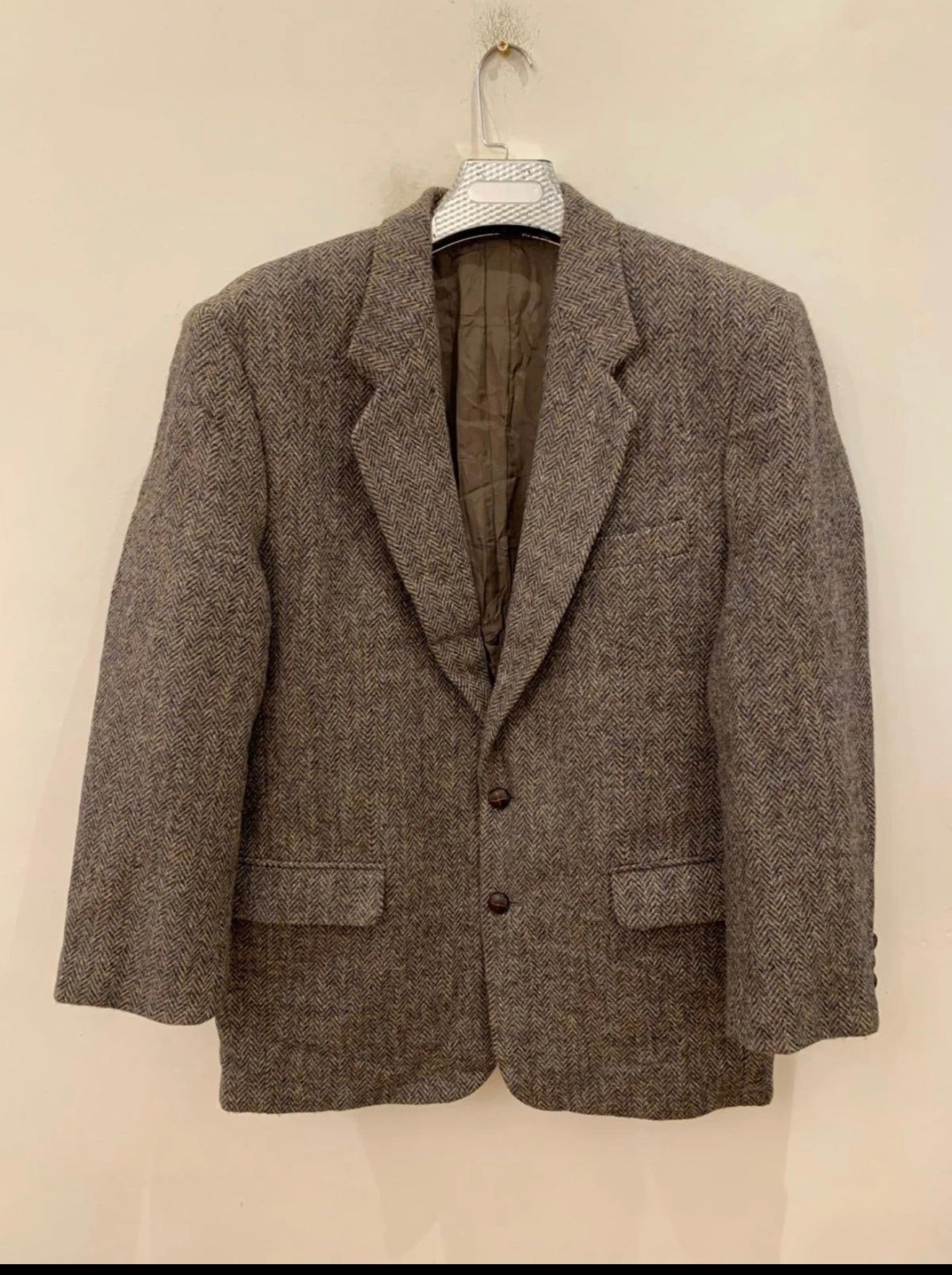 Vintage Harris Tweed Windowpane handwoven wool brown hunting jacket blazer 44R