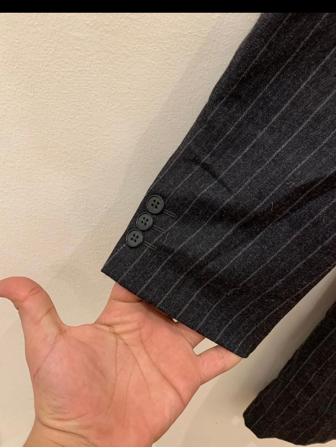 Vintage pure wool peak lapel chalk stripes velvet collar charcoal over coat 40R
