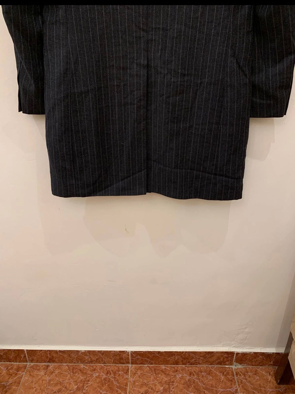 Vintage pure wool peak lapel chalk stripes velvet collar charcoal over coat 40R