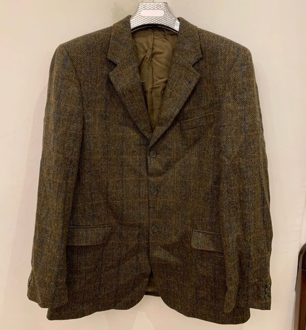 Vintage pure wool handwoven Tweed Windowpane green hunting jacket blazer 44L