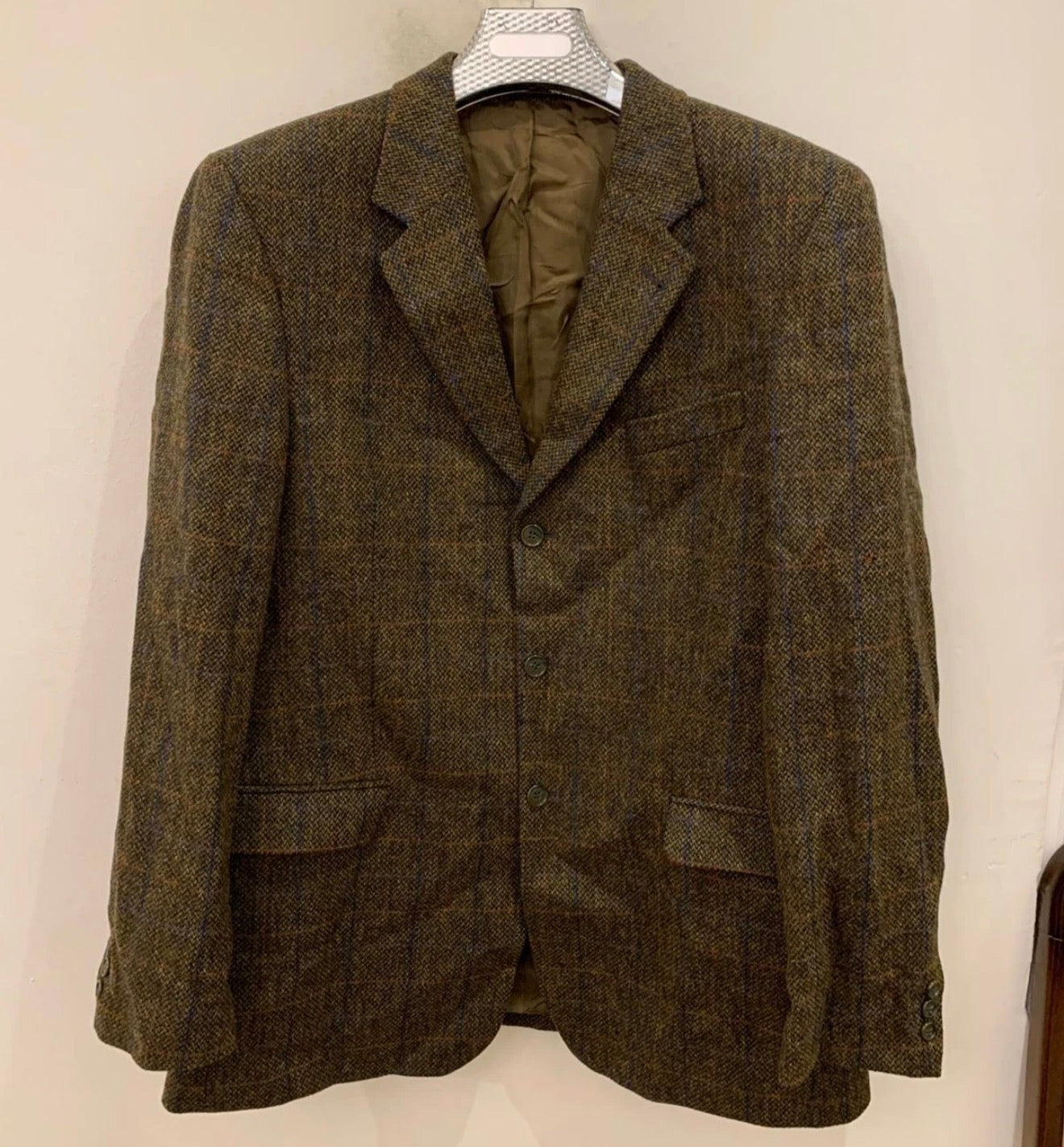 Vintage pure wool handwoven Tweed Windowpane green hunting jacket blazer 44L