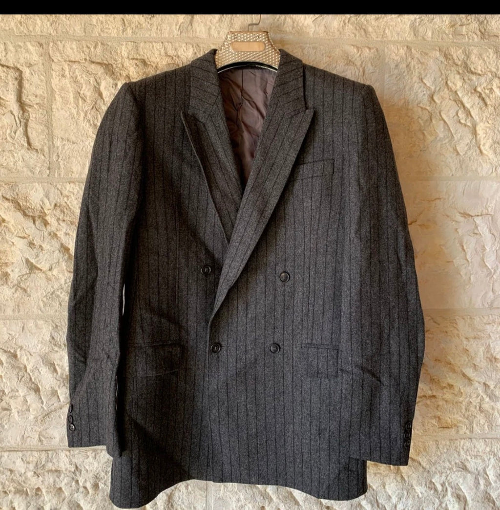 Vintage pure woollen wool double breasted charcoal striped jacket blazer 36R
