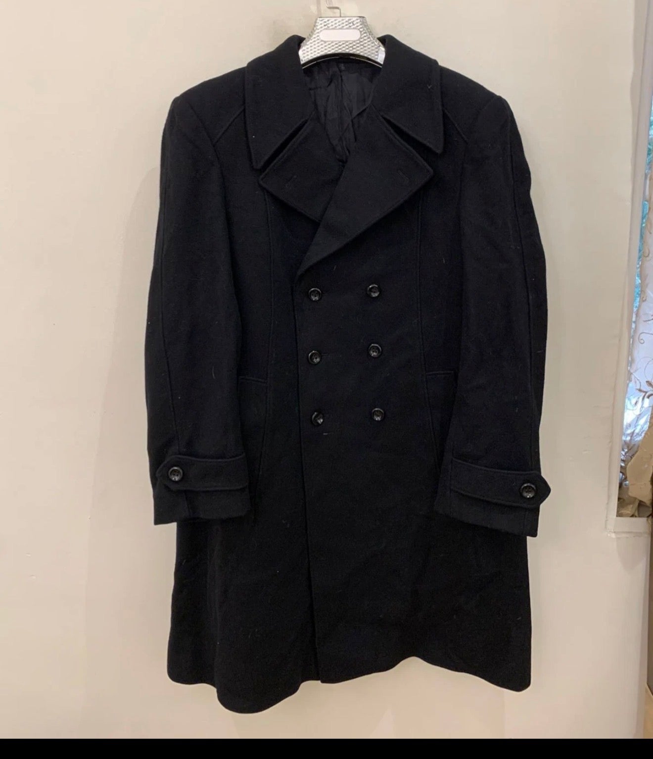 Vintage woollen wool double breasted black long over coat 42R