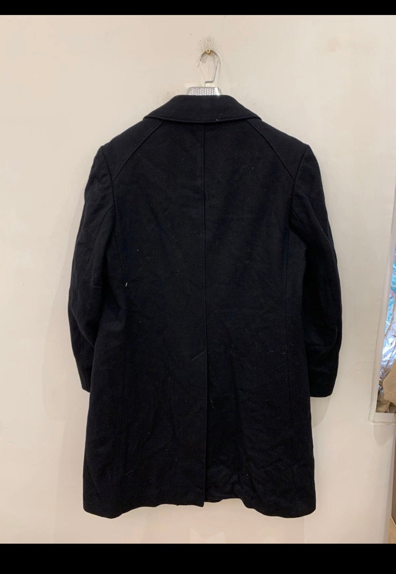 Vintage woollen wool double breasted black long over coat 42R