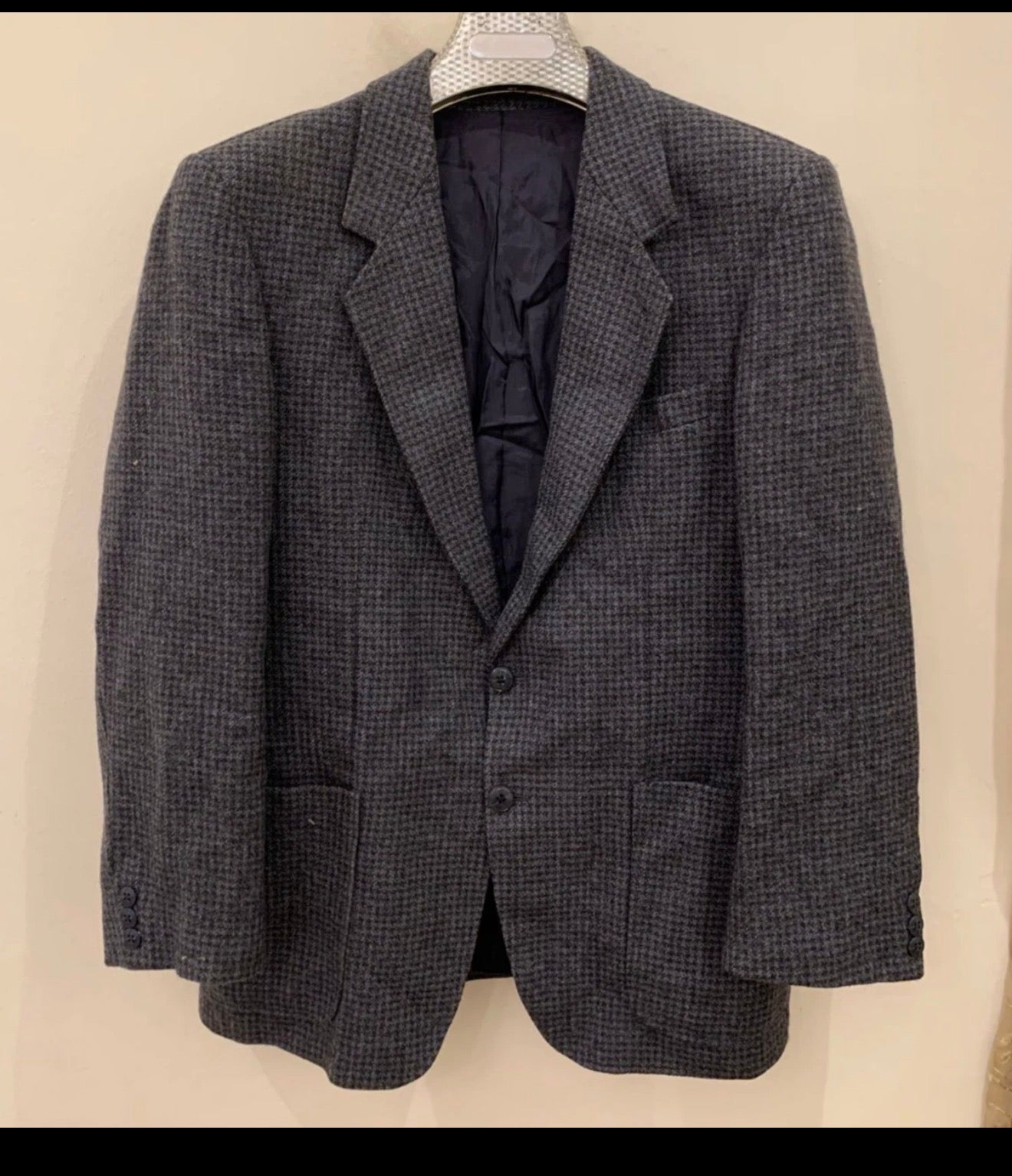Vintage houndstooth pure wool tweed classic blue hunting jacket blazer 40R 40S