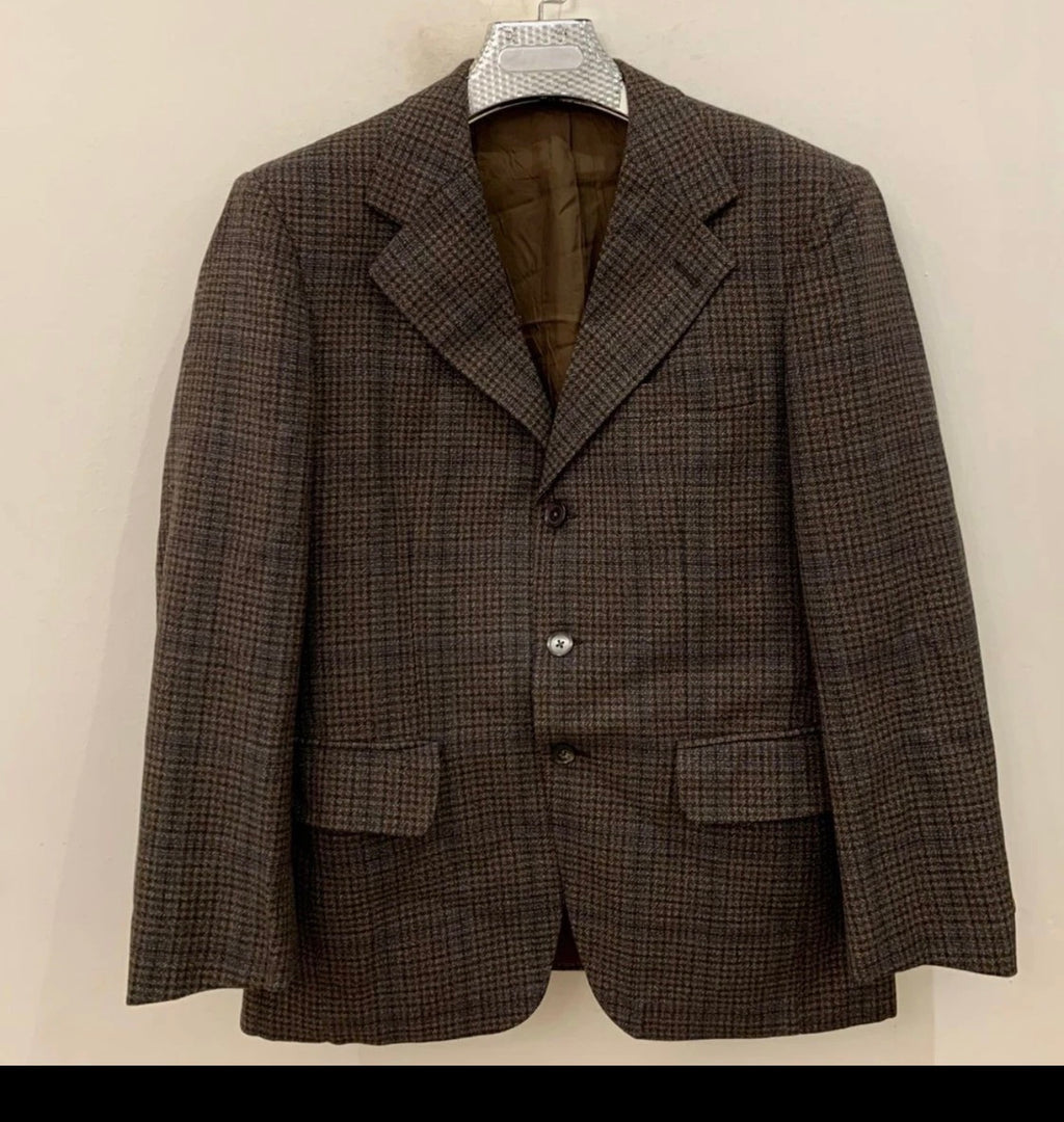 1970s Vintage houndstooth plaid worsted wool classic brown jacket blazer 40R 40S