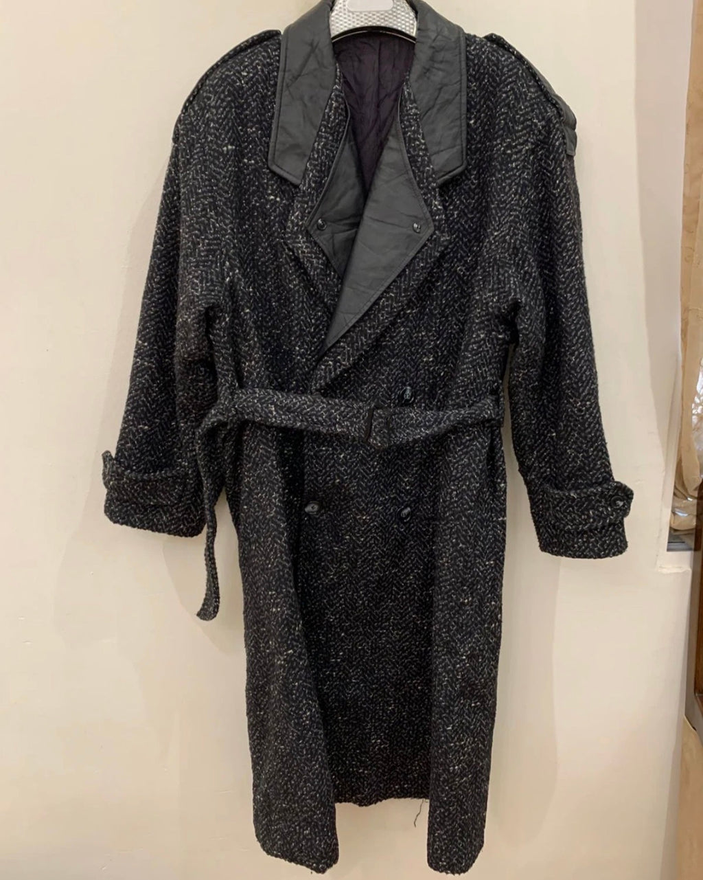 Vintage wool blend double breasted belted herringbone long over coat 46R XL