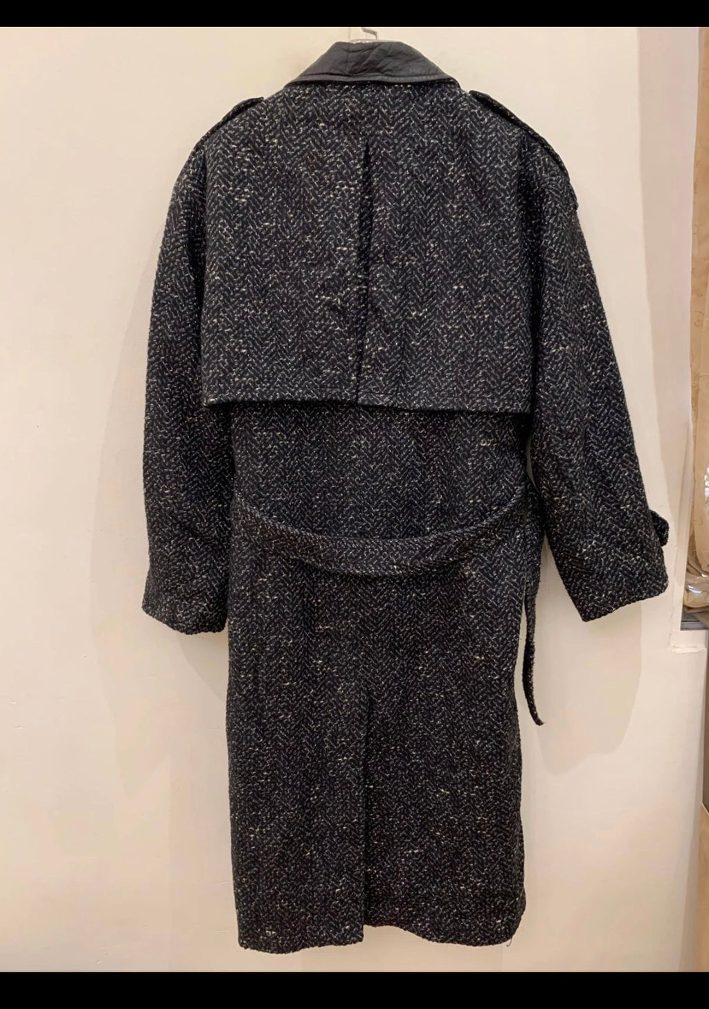 Vintage wool blend double breasted belted herringbone long over coat 46R XL