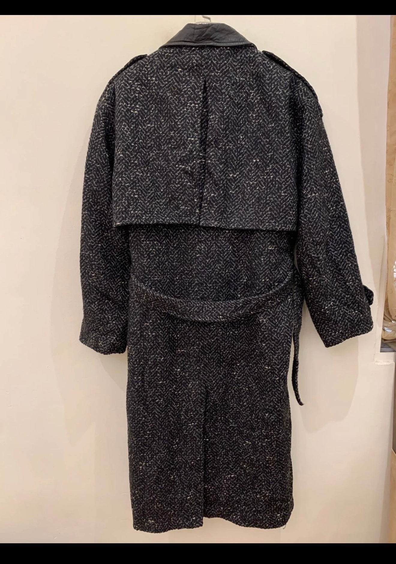 Vintage wool blend double breasted belted herringbone long over coat 46R XL