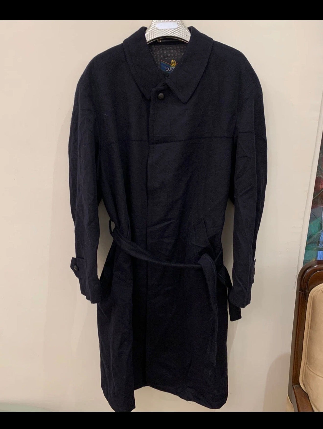 Vintage Bugatti pure wool belted navy classic Loden over coat 46R XL
