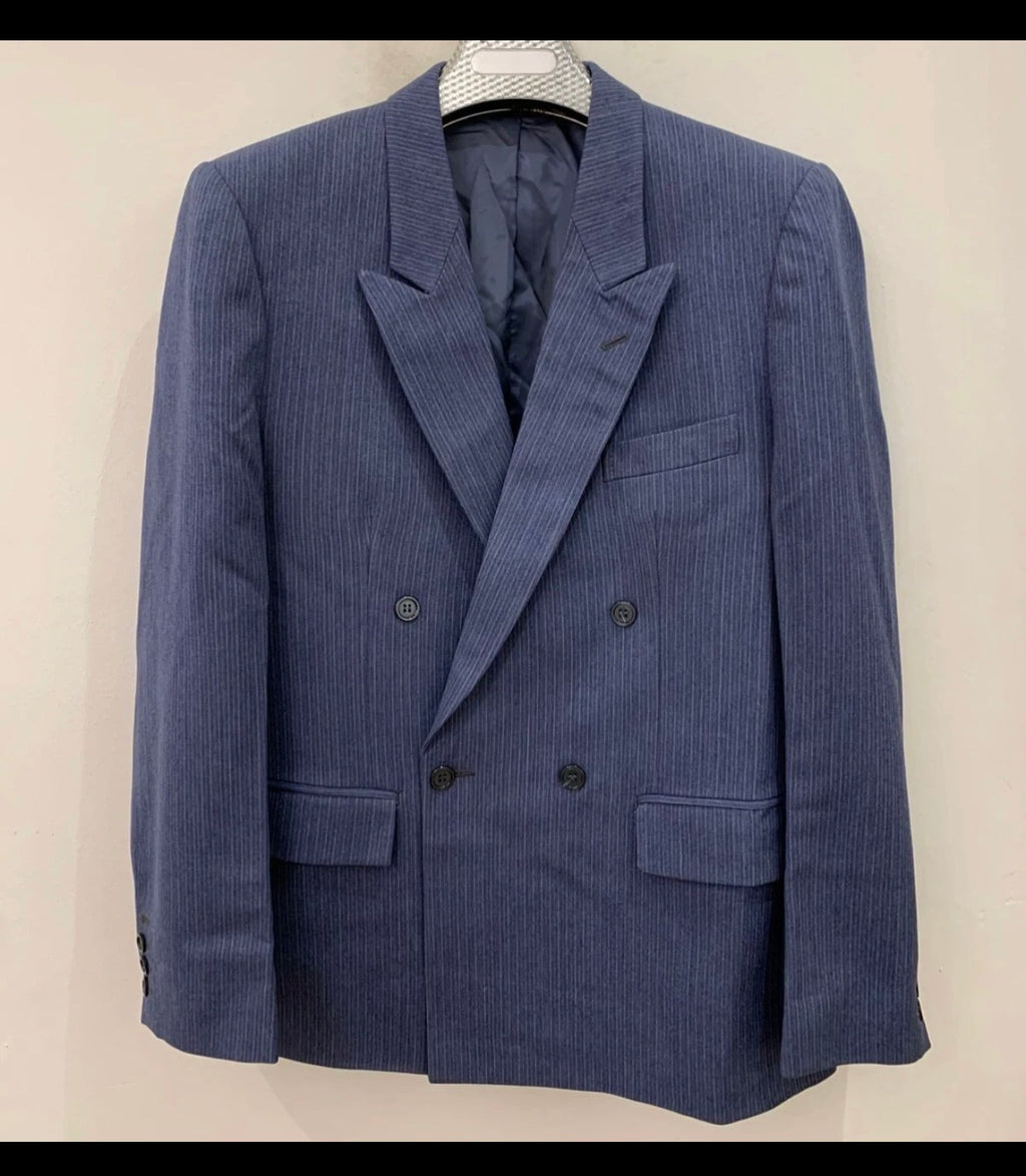 Vintage pure wool classic blue double breasted striped suit 40R 40L