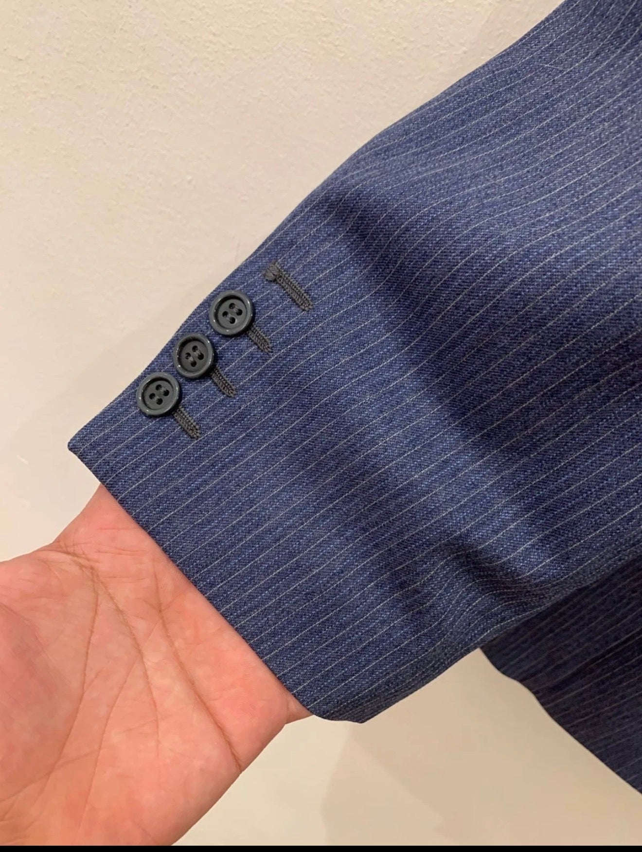 Vintage pure wool classic blue double breasted striped suit 40R 40L
