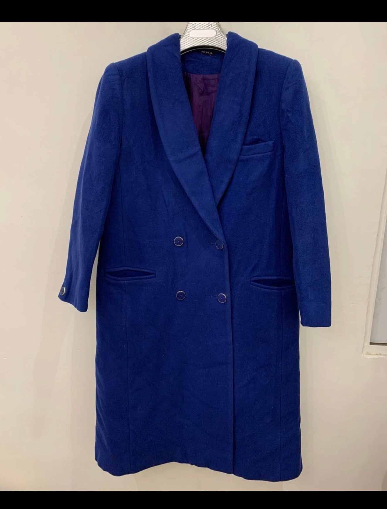 Vintage pure wool double breasted Azure blue shawl lapel over coat 40 10 M