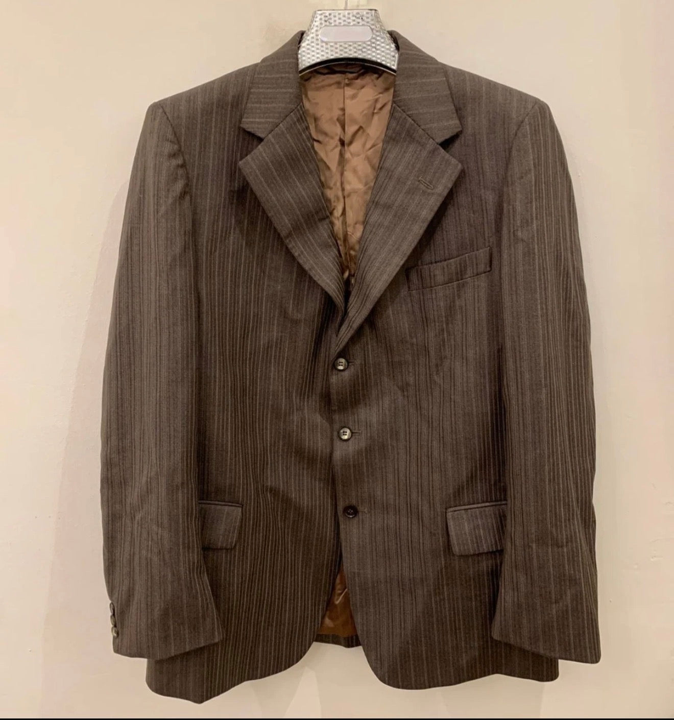 1970s Vintage woollen wool brown striped 3 button suit jacket blazer 42R 42L