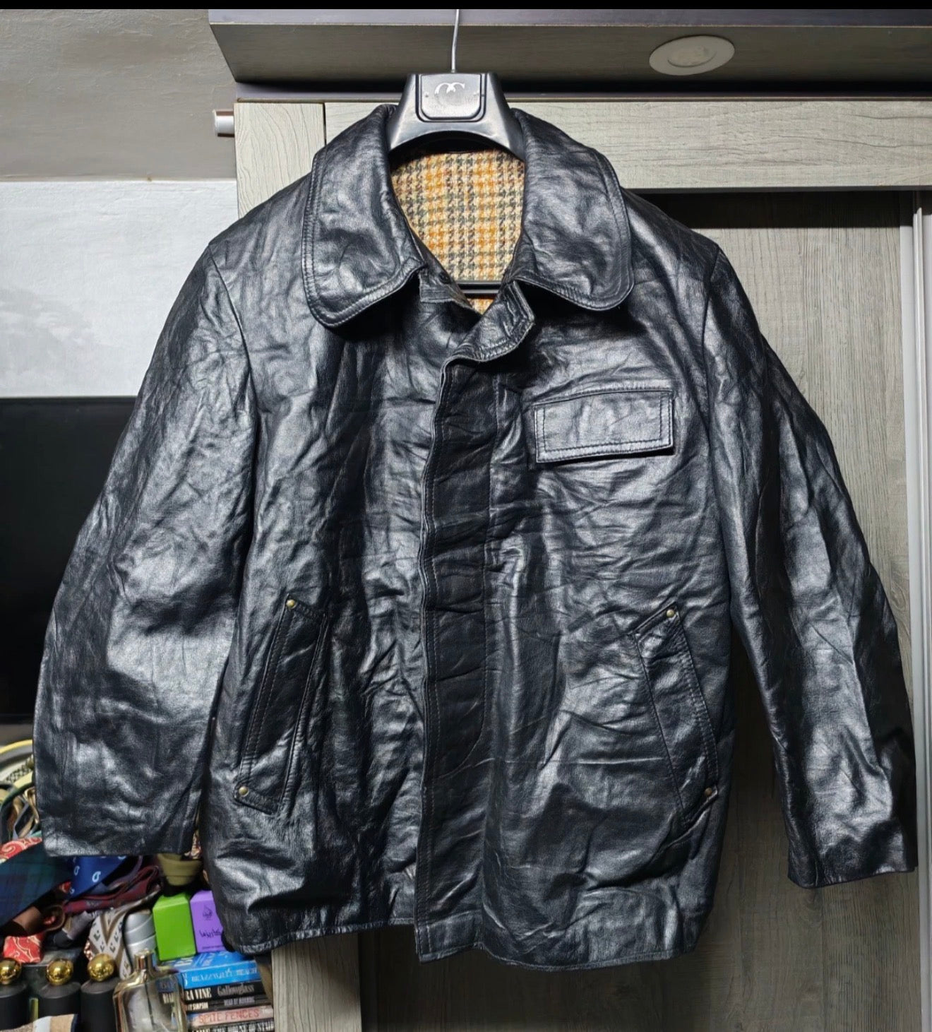 Vintage classic Genuine Real Leather black jacket sweater 46R 46S XL