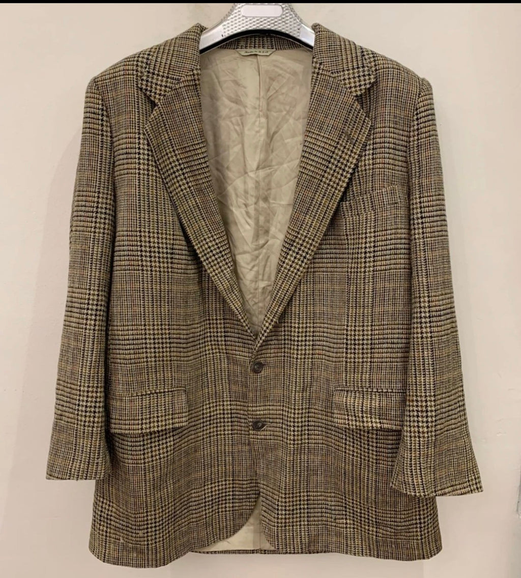 Vintage wool silk houndstooth classic brown hunting jacket blazer 46R 46L XL