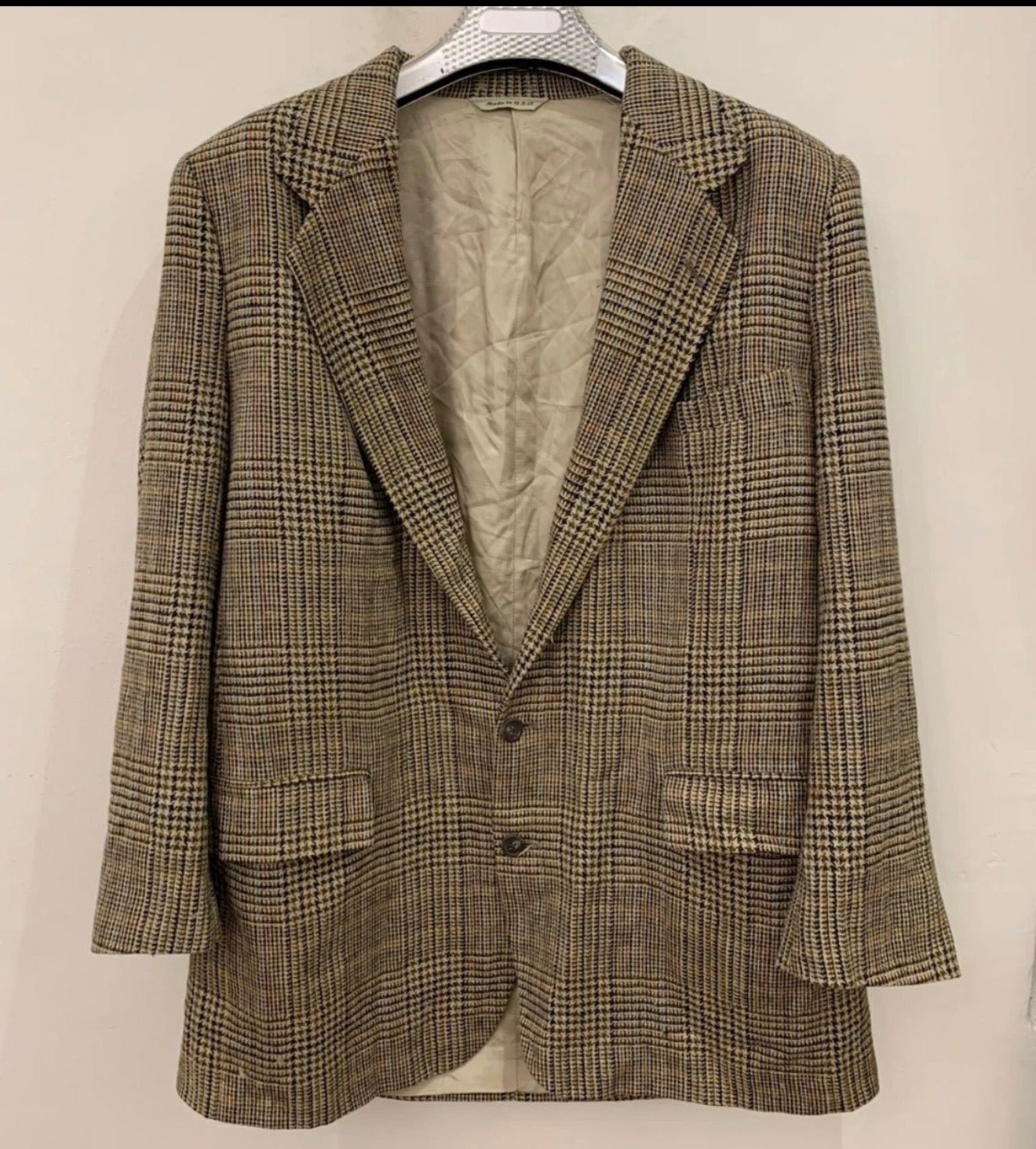 Vintage wool silk houndstooth classic brown hunting jacket blazer 46R 46L XL