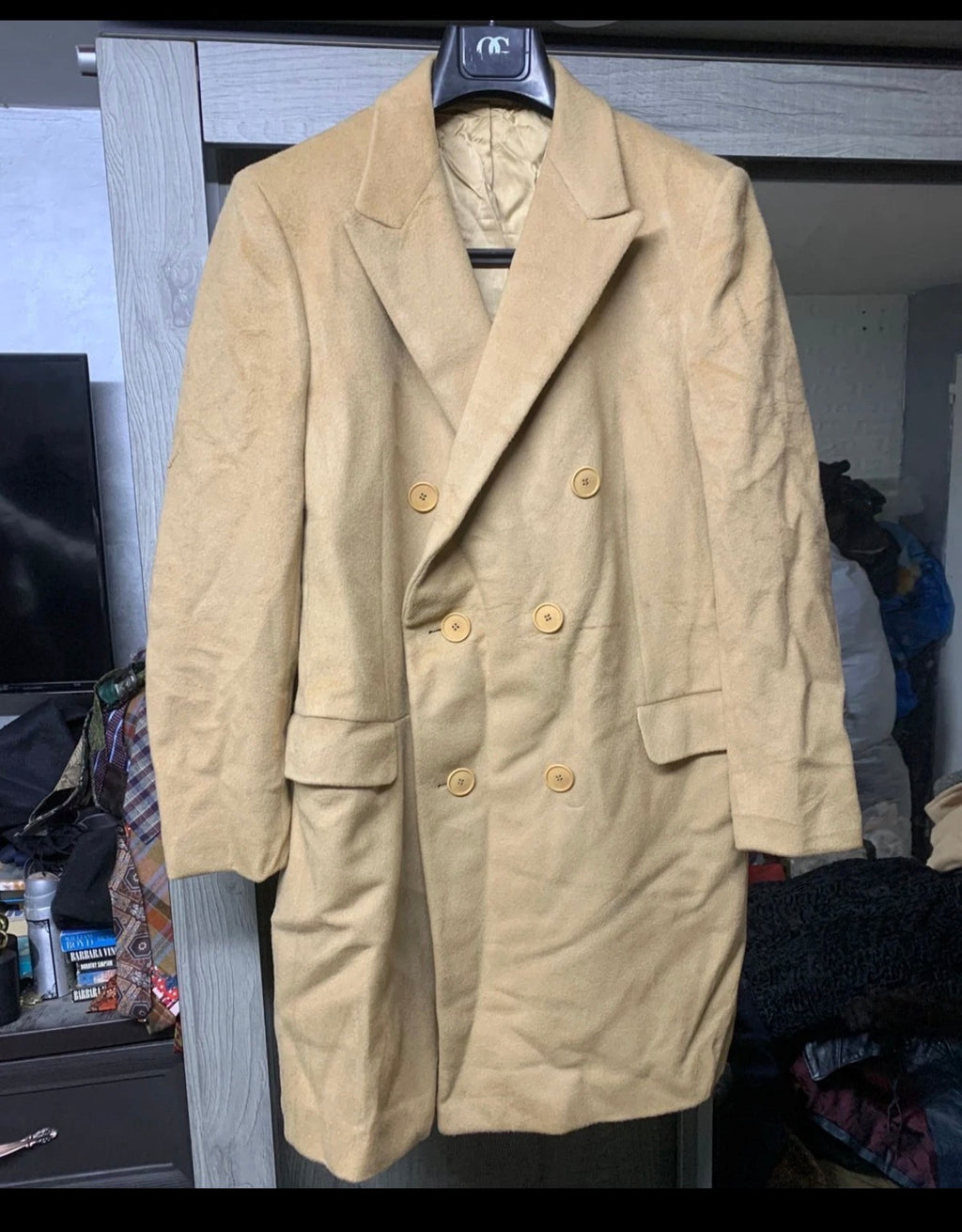 Vintage Savini classic wool Cashmere db gangster camel beige Suit over coat 40R